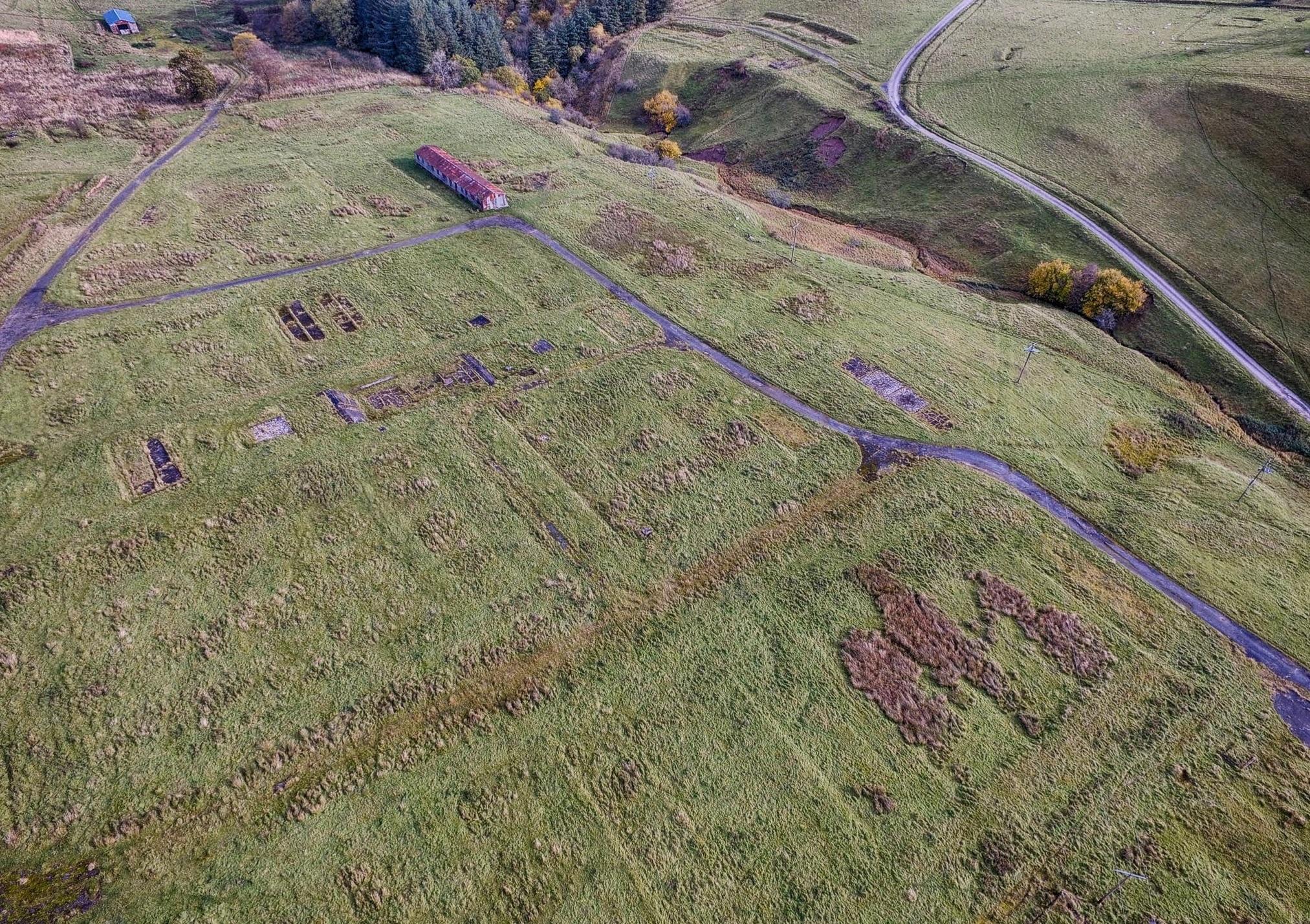 Stobs PoW Camp looking North East showing C Camp and D Camp; Aerial Photography